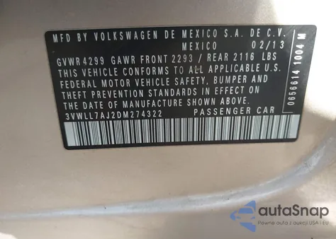 2013 Volkswagen Jetta 2.0L Tdi z USA, uszkodzony, nr VIN 3VWLL7AJ2DM274322